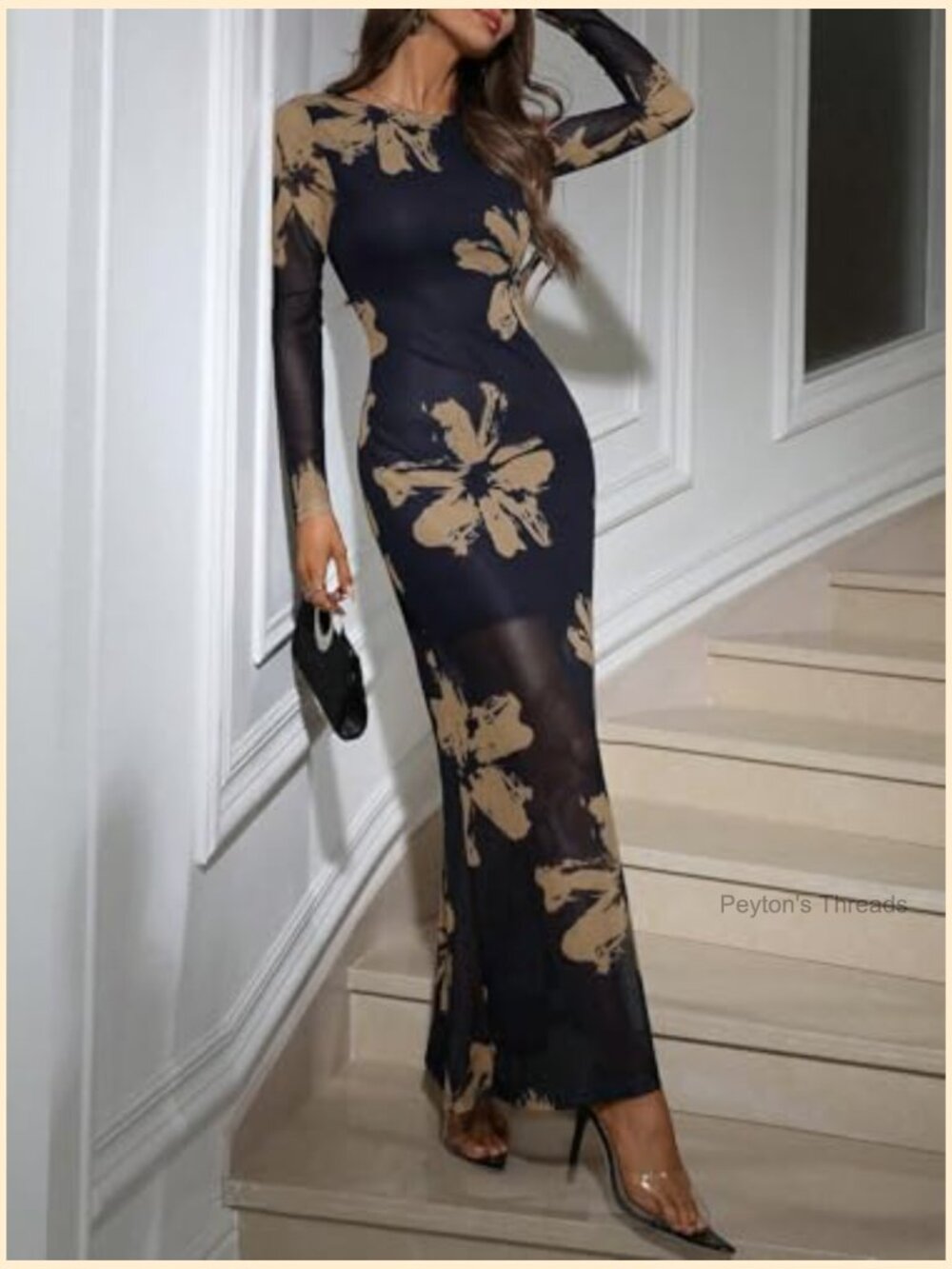 Floral Mesh Maxi Dress Elegant Formal Long Sleeve Wedding Guest Cocktail - Picture 2 of 5